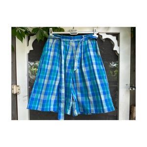 Vintage | 90s Tabi Plaid Bermuda Shorts Blue Green Sash Belt Sz 10